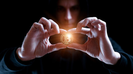 Crypto money bitcoin background. Crypto hacker hand hold golden BTC bit coin. Digital money, stock market concept.