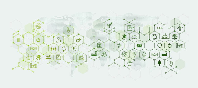 Green Geometric Business Templates and Backgrounds for ESG Environmental Conservation and Sustainable Concepts environmental protection related links with flat icons