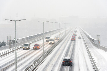 Nusle bridge ("Nuselsky most") in Prague in a blizzard