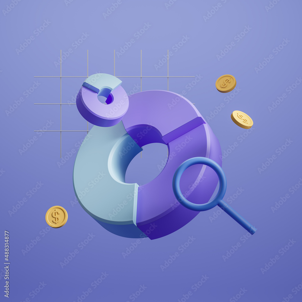 Poster financial data with pie chart and floating coins