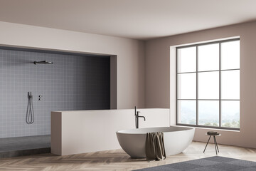 Naklejka na ściany i meble Bright bathroom interior with bathtub, shower tiled area, panoramic window with park view, walls, hardwood floor. Concept of hygienic and spa procedures for health. 3d rendering