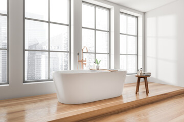 Fototapeta na wymiar Bright bathroom interior with bathtub, panoramic window with city view, shelf niche, white walls, hardwood floor. Concept of hygienic and spa procedures for health. 3d rendering