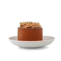chocolate cake in a saucer on a white background