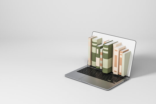 Pile of books and laptop, education and library. Mockup