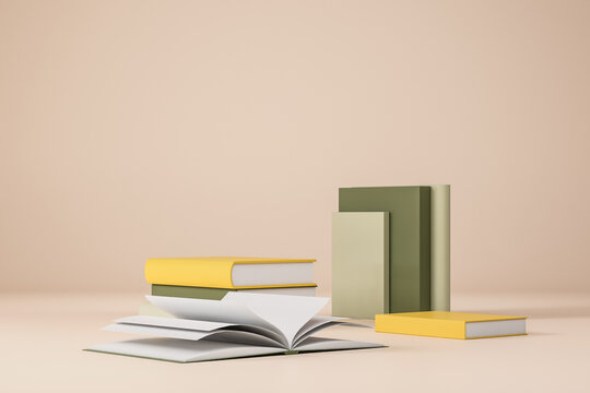 Open textbook and stack of books, education. Mockup