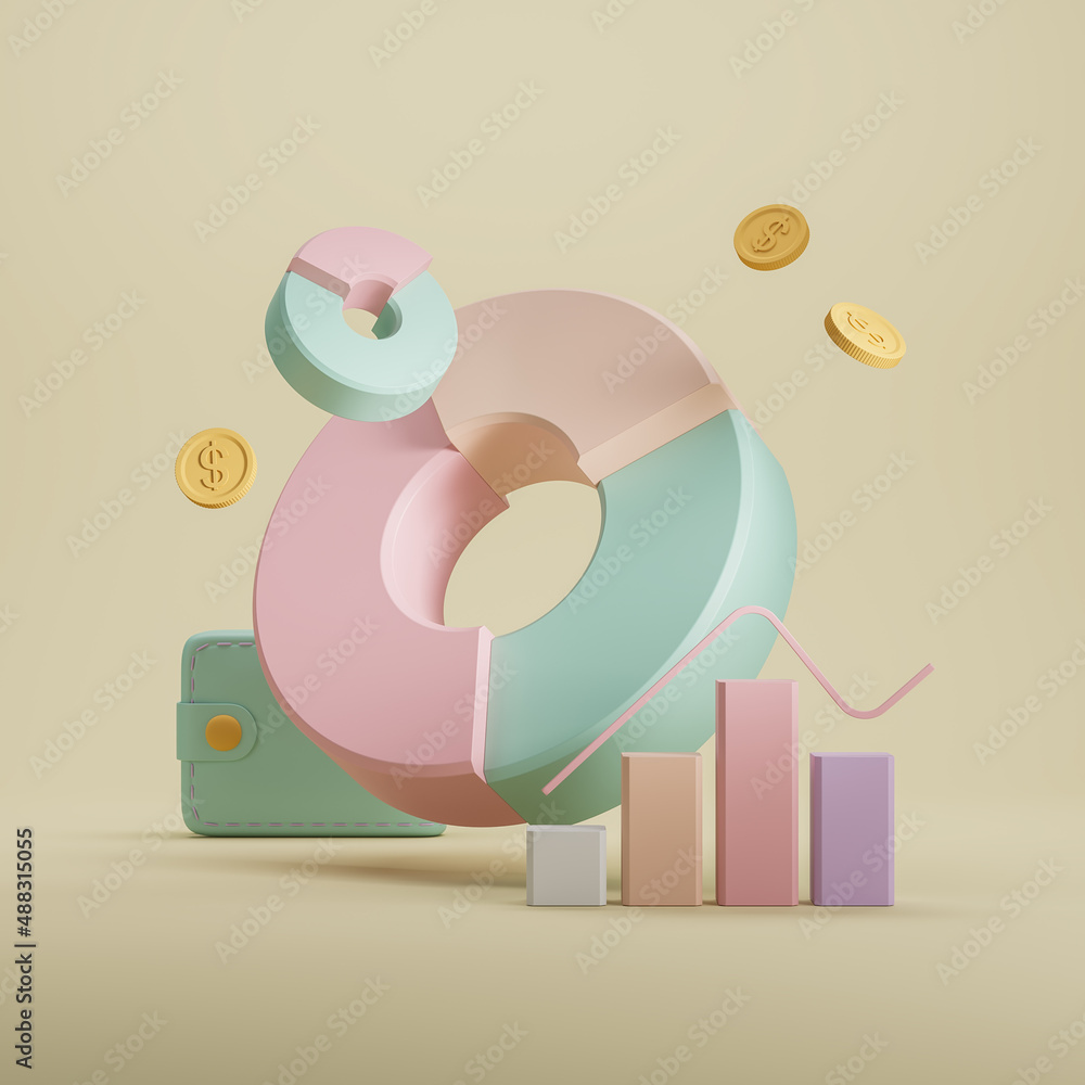 Poster financial data with pie chart and floating coins. business analysis