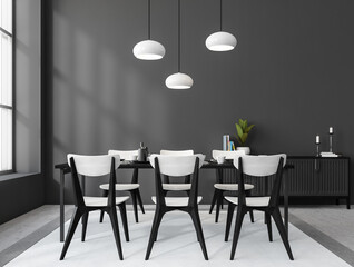 Grey dining interior with seats, drawer and table near window