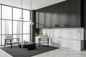 Dark living room interior with two armchairs, panoramic window