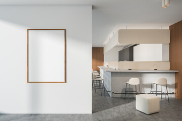 Bright cafe interior with empty white poster, panoramic window