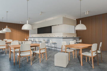 Corner view on bright cafe interior with tables with chairs