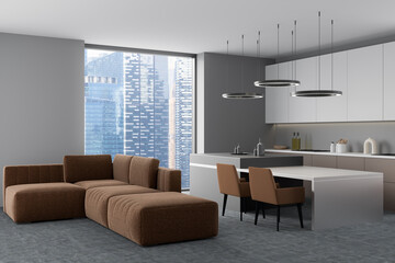 Grey kitchen interior with table and seats, couch and panoramic window