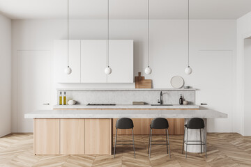 Light kitchen set interior with table and seats, shelves and kitchenware