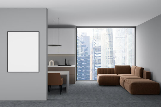Modern design living dining room and kitchen interior with empty white framed mockup poster on wall, sofa, table, carpet flooring. Panoramic window city view. Concept Mock up. 3d rendering