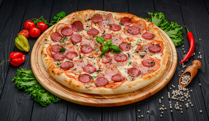 Delicious and fresh pepperoni pizza with vegetables - obrazy, fototapety, plakaty