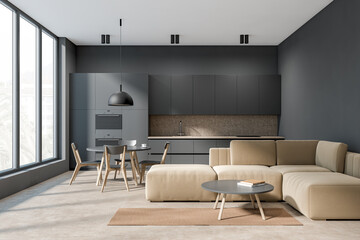 Dark studio room interior with panoramic window, sofa, couch