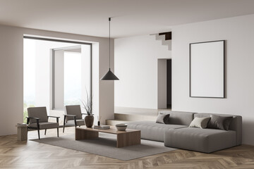 Bright living room interior with empty white poster, stairs, arch