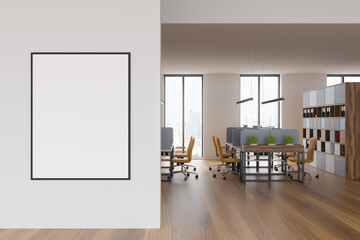 Bright office room interior with empty poster, panoramic window