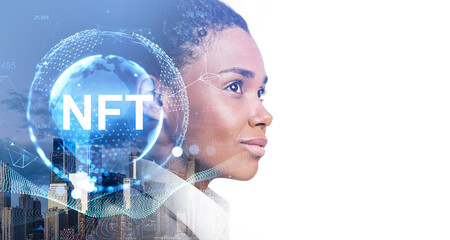 Black businesswoman, NFT icons with earth sphere, city view. Moc