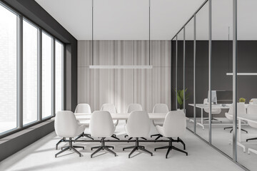 Front view on dark office room interior with meeting board