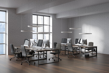 Bright office room interior with workplaces and panoramic windows