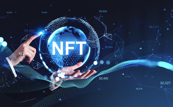 Non-fungible token hologram on virtual digital screen, nft - Powered by Adobe