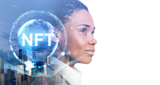 Black businesswoman, NFT icons with earth sphere, city view. Moc