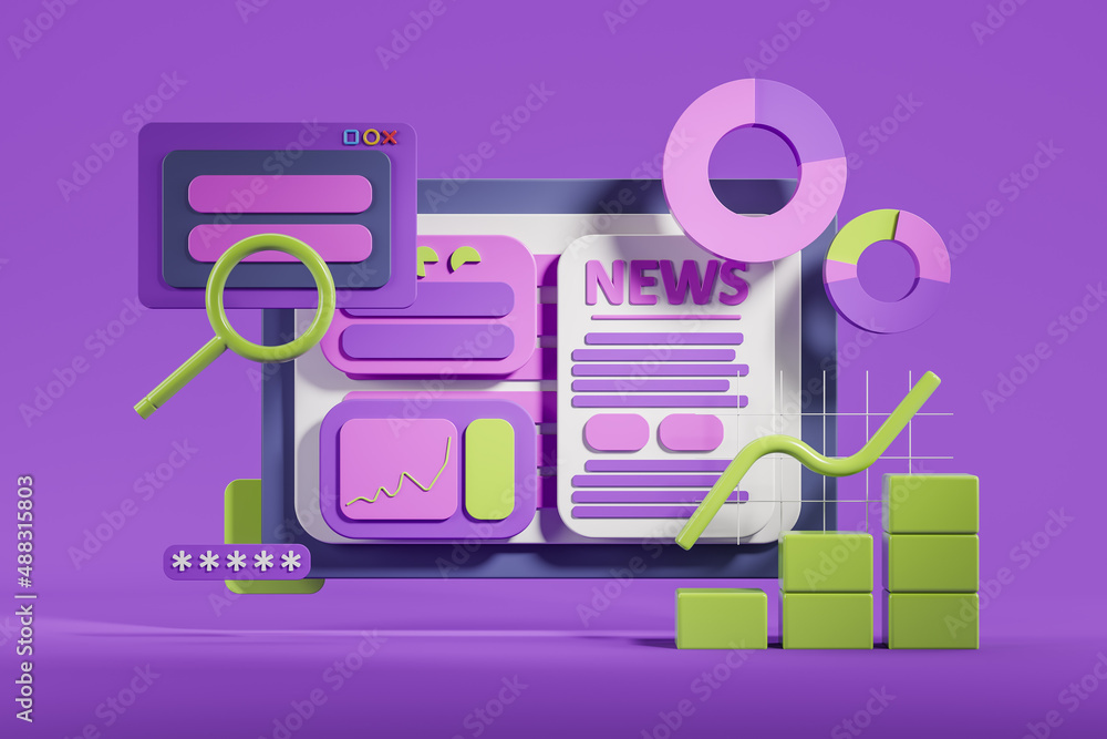 Poster tablet with text, financial data with pie chart and graphs, digital device