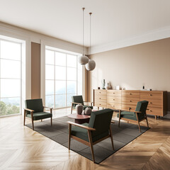 Relax area, modern design room interior, 4 armchairs. bright walls. Hardwood flooring. Concept of minimalist design. Chill area in villa, home or hotel. Creative idea. 3d rendering