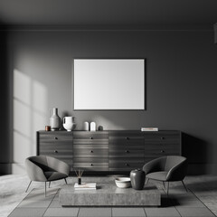 Front view on dark living room interior with empty poster