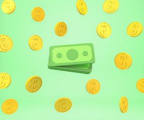 Dollar banknote with coin floating on bright background