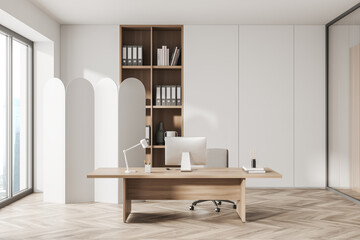 Corner view on bright white office room interior with meeting board, desk with desktop computer, armchair, panoramic windows, hardwood floor. Concept of place for working process. 3d rendering