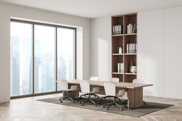 Fototapeta na wymiar Corner view on bright office room interior with meeting board