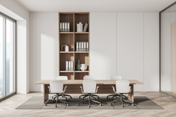 Fototapeta premium Front view on bright office room interior with meeting board, desk, chairs, panoramic window, glass partition and hardwood floor. Concept of place for working process. 3d rendering