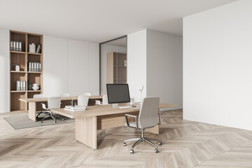 Light workplace interior with chairs and table, pc computer and meeting area