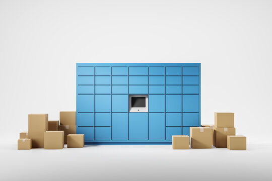 Terminal post with monitor, cardboard box on the floor. Mockup