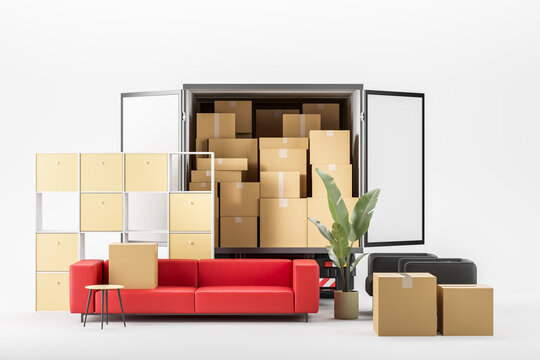 Sofa and boxes near trunk, relocation and moving. Delivery company