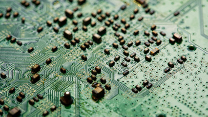 Macro Close up of printed wiring on PC circuit board.