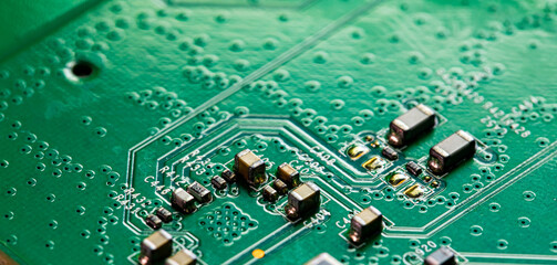 Macro Close up of printed wiring on PC circuit board.