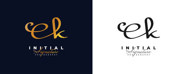 Fototapeta na wymiar Initial E and K Logo Design with Elegant and Minimalist Gold Handwriting Style. EK Signature Logo or Symbol for Wedding, Fashion, Jewelry, Boutique, and Business Identity