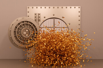The open door of the huge bank vault with flying bunch of coins. Concept of protection and security. Gold and silver colors. 3d rendering illustration. 