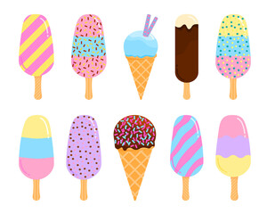 Collection of ice cream flat illustration. Ice cream cone, popsicle, striped, with powder, with straws