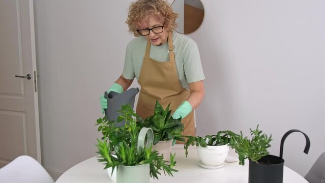  Senior Woman is watering the plant