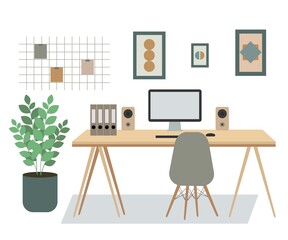 Comfortable flat minimalist workplace with desk,computer,pictures. Home work cozy  interior. Scandinavian style interior.