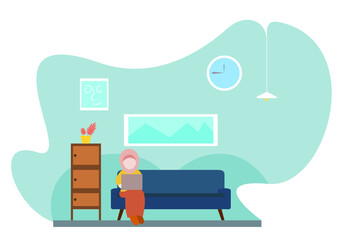 Young muslimah businesswomen Working Flat Vector Character. Remote Work, Distance Job Illustration. Woman Sitting in Armchair at Home, Using Modern Laptop.