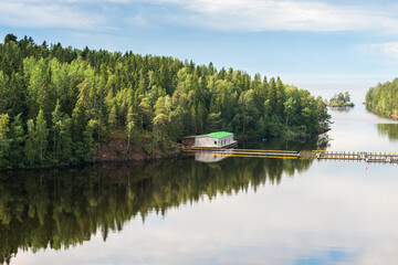 Fototapeta na wymiar Beautiful forest lake in Russia. Panoramic view of beautiful lake landscape