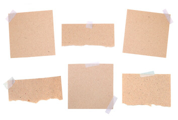 Set of kraft paper notes with sticky tape. Torn and square paper sheets. Mockup for design. Blank templates. 