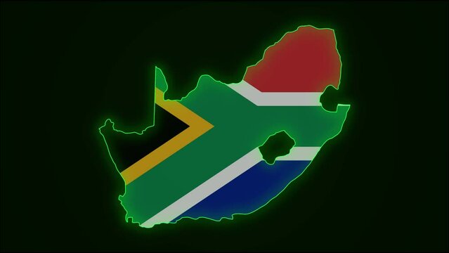 South Africa Map Outline Country Border on dark green.  Neon Lights  colorful animation transition. Flag of South Africa.  Animation in neon style. 4k Resolution.