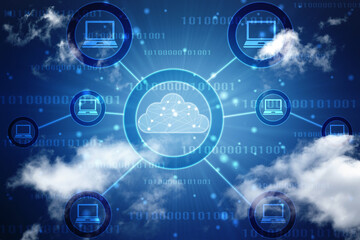 2d illustration of Cloud computing, Digital Cloud computing Concept background. Cyber technology, internet data storage, database and data server concept