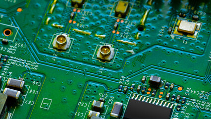 Close up of components and microchips on PC circuit board.