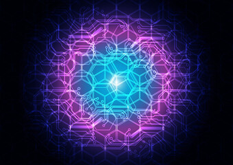 Abstract technology futuristic digital circuit and hexagon with light glowing on dark blue background, illustration vector design background.